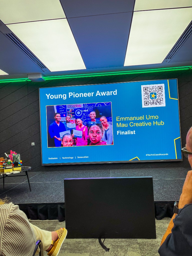 Emmanuel Umo, founder of Mau Creative Hub, at the AbilityNet Tech4Good Awards 2026 at IBM London, where Mau Creative Hub won the Young Pioneer category.
