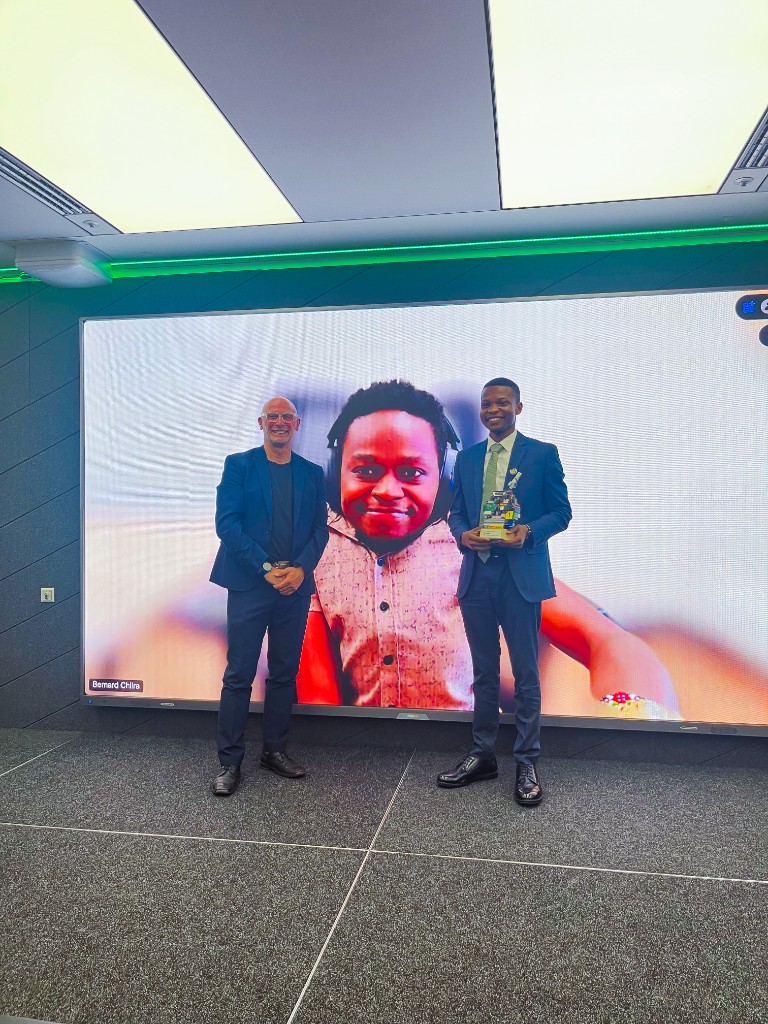 Emmanuel Umo, founder of Mau Creative Hub, at the AbilityNet Tech4Good Awards 2026 at IBM London, where Mau Creative Hub won the Young Pioneer category.
