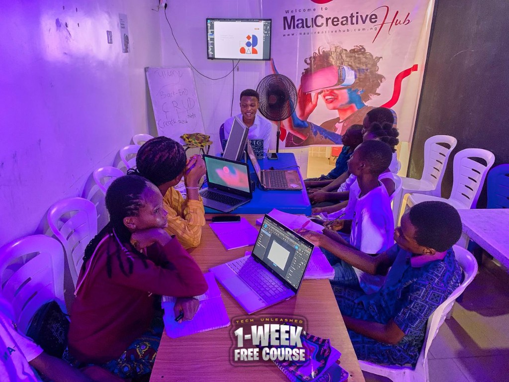 Mentor-led lab session at Mau Creative Hub with students learning design and development